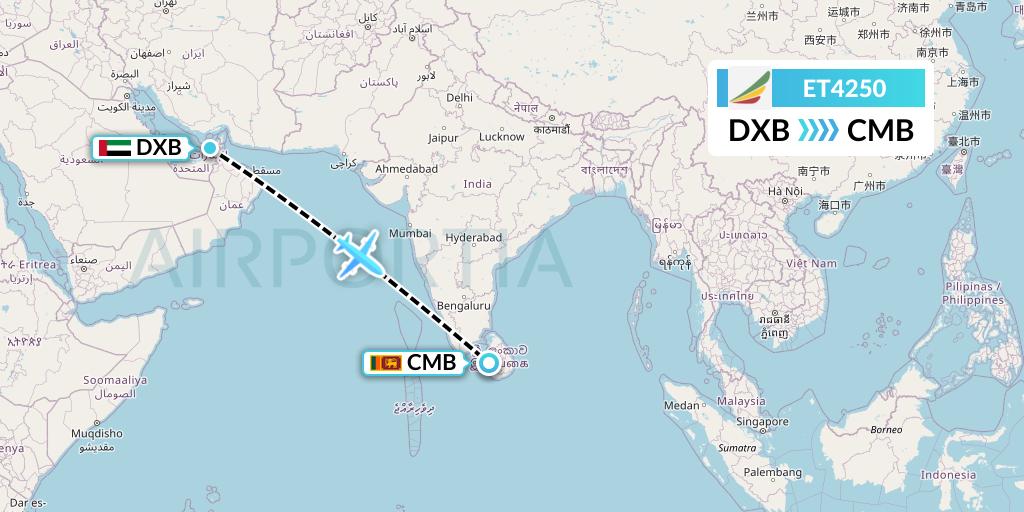 ET4250 Ethiopian Airlines Flight Map: Dubai to Colombo