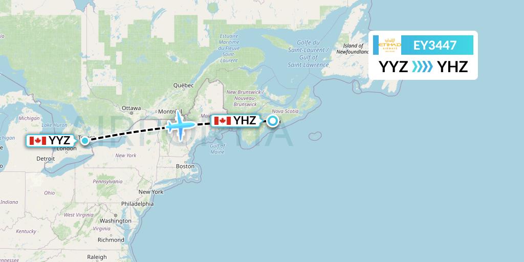 EY3447 Etihad Airways Flight Map: Toronto to Halifax
