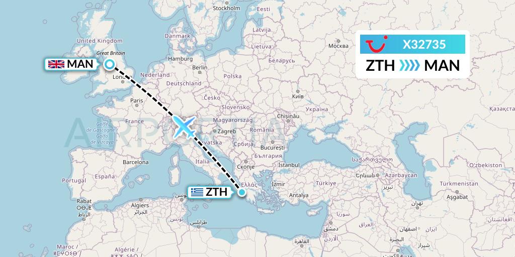 X32735 TUI fly Germany Flight Map: Zakynthos to Manchester