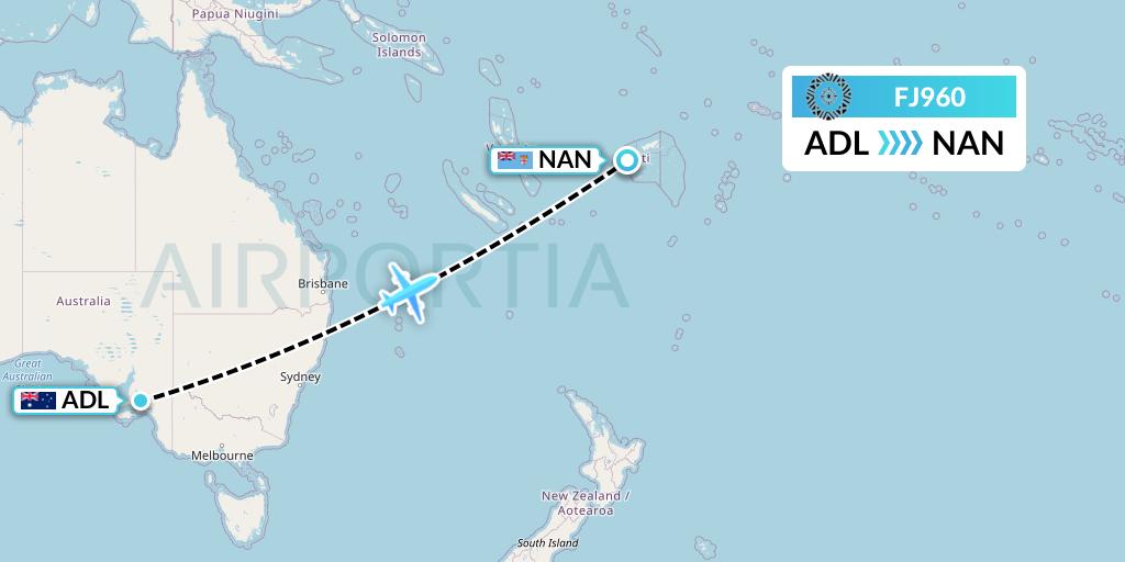 FJ960 Fiji Airways Flight Map: Adelaide to Nadi