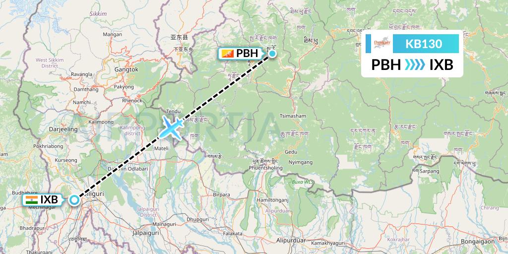 KB130 Druk Air Flight Map: Paro to Siliguri