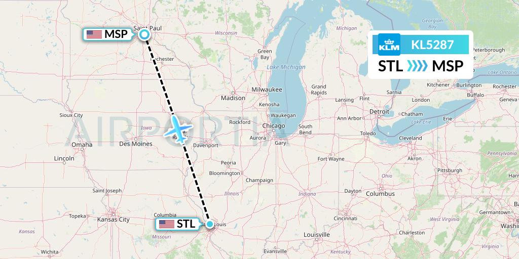 KL5287 KLM Flight Map: St. Louis to Minneapolis