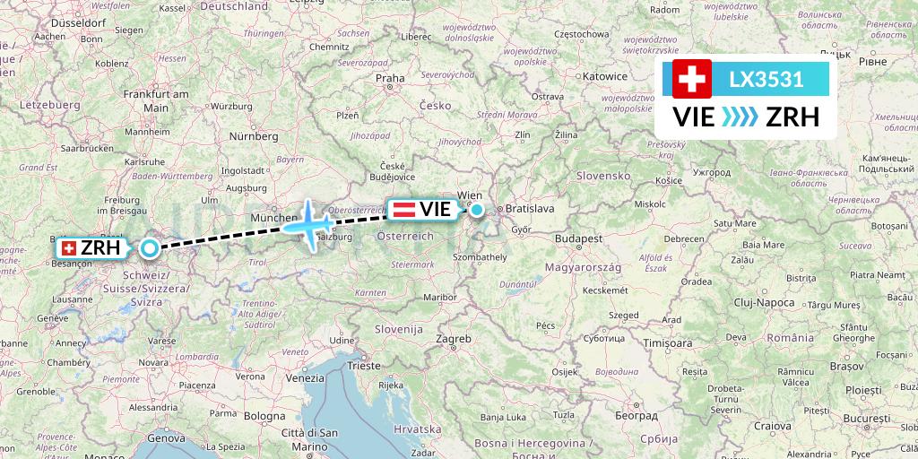LX3531 Swiss Flight Map: Vienna to Zurich