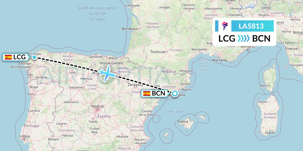 LA5813 LAN Airlines Flight Map: A Coruna to Barcelona