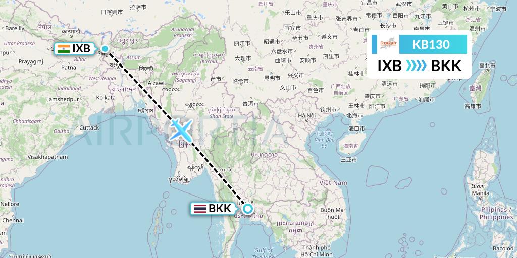 KB130 Druk Air Flight Map: Siliguri to Bangkok