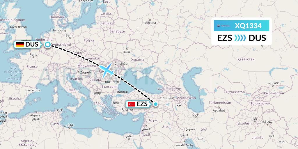 XQ1334 SunExpress Flight Map: Elazig to Dusseldorf