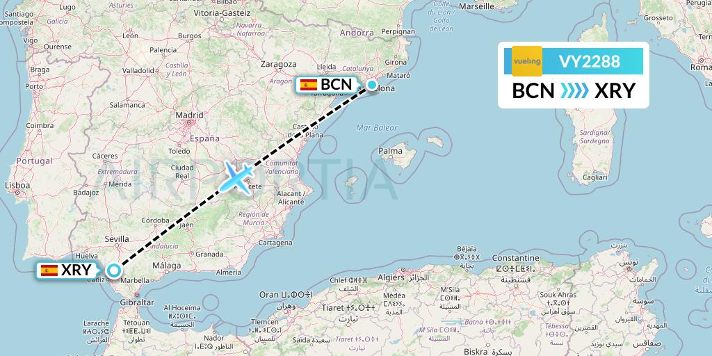 VY2288 Vueling Flight Map: Barcelona to Jerez