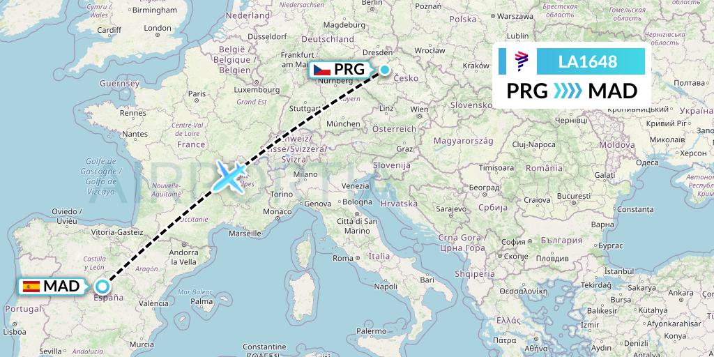 LA1648 LAN Airlines Flight Map: Prague to Madrid