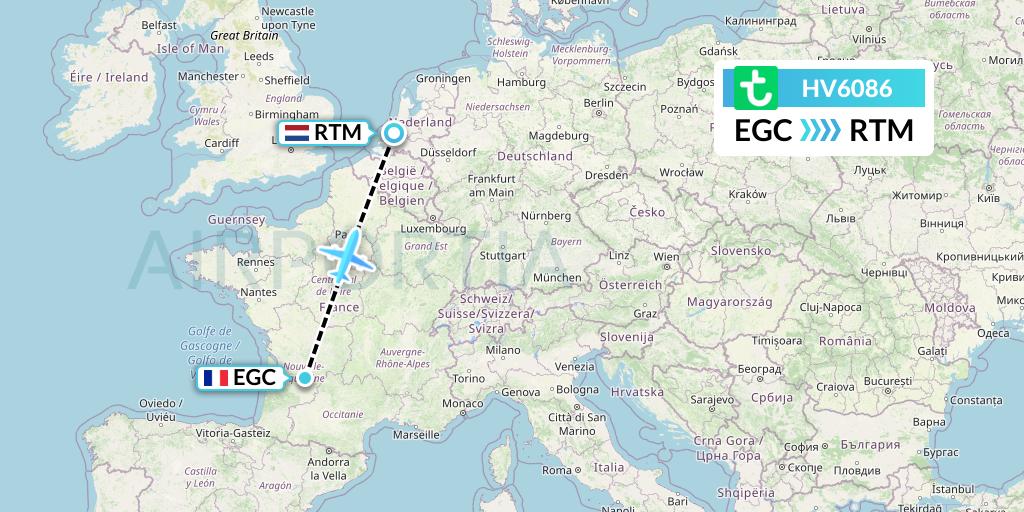 HV6086 Transavia Flight Map: Bergerac to Rotterdam