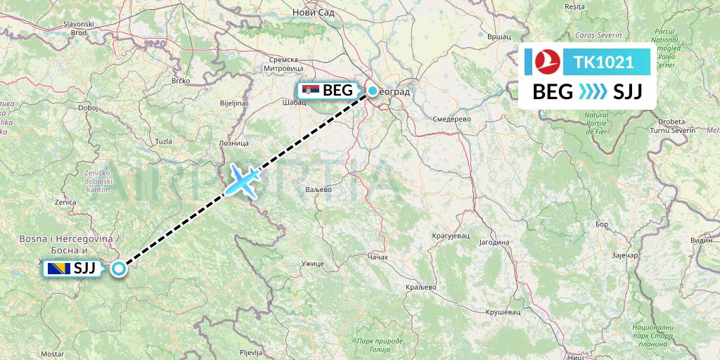 TK1021 Turkish Airlines Flight Map: Belgrade to Sarajevo