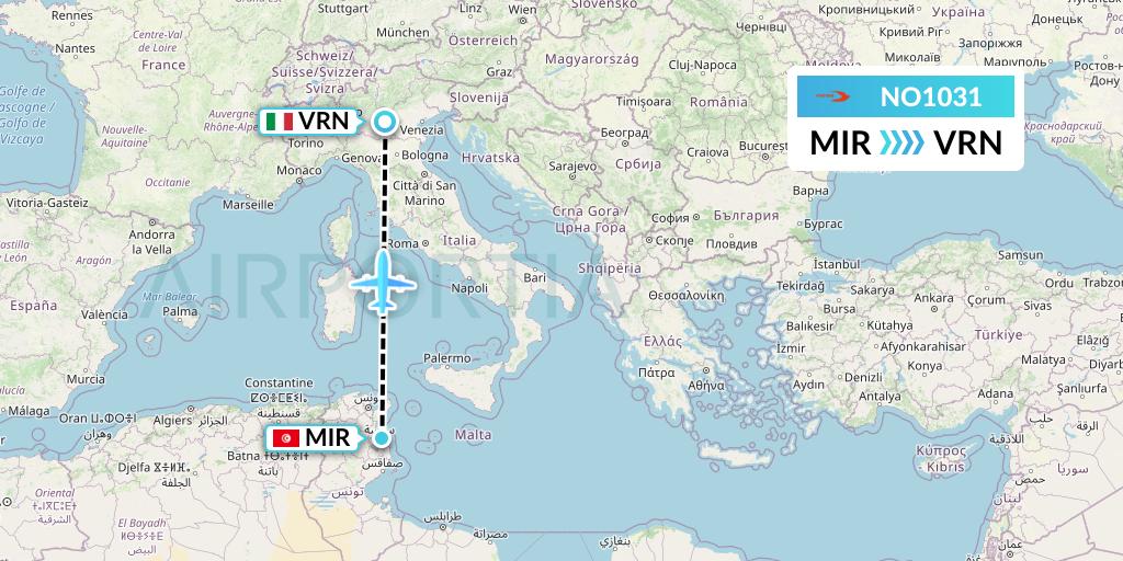 NO1031 Neos Flight Map: Monastir to Verona