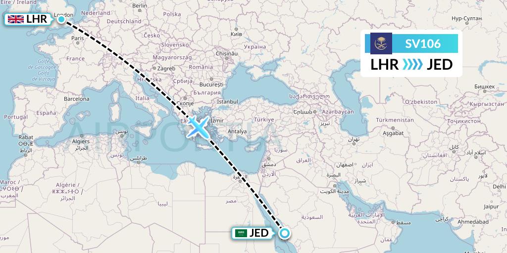 SV106 Saudi Arabian Airlines Flight Map: London to Jeddah