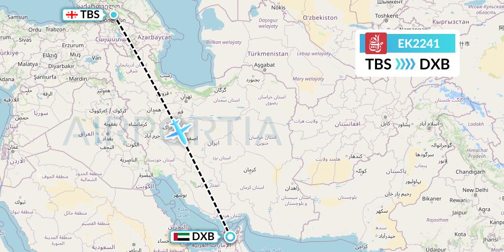 EK2241 Emirates Flight Map: Tbilisi to Dubai
