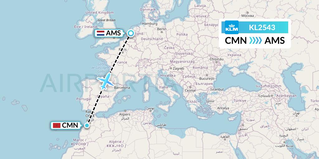 KL2543 KLM Flight Map: Casablanca to Amsterdam