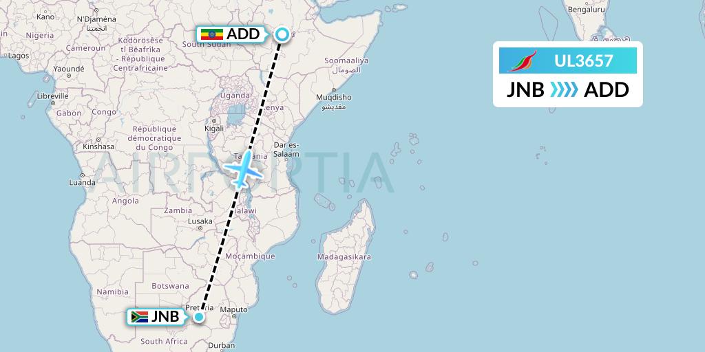 UL3657 SriLankan Airlines Flight Map: Johannesburg to Addis Ababa