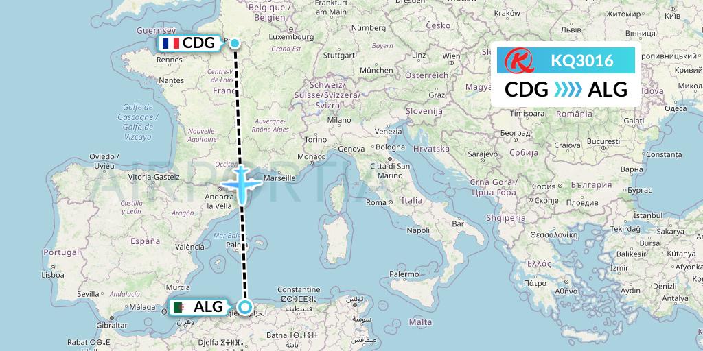 KQ3016 Kenya Airways Flight Map: Paris to Algiers