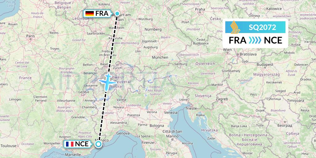 SQ2072 Singapore Airlines Flight Map: Frankfurt to Nice