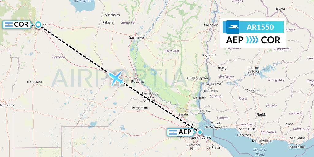 AR1550 Aerolineas Argentinas Flight Map: Buenos Aires to Cordoba