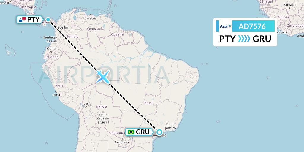 AD7576 Azul Brazilian Airlines Flight Map: Panama City to Sao Paulo