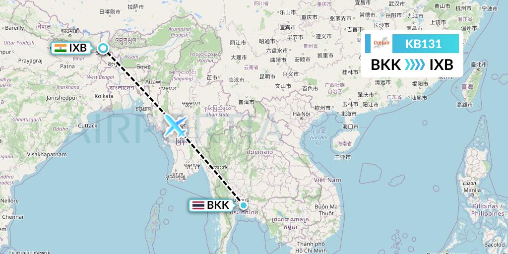 KB131 Druk Air Flight Map: Bangkok to Siliguri