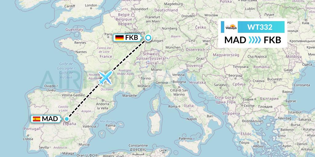 WT332 Swiftair Flight Map: Madrid to Karlsruhe/Baden-Baden