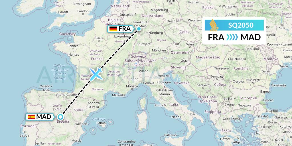 SQ2050 Singapore Airlines Flight Map: Frankfurt to Madrid