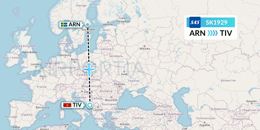 SK1929 SAS Flight Map: Stockholm to Tivat