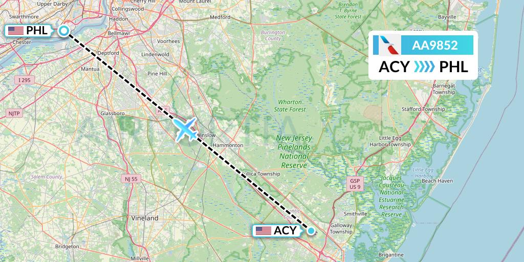AA9852 American Airlines Flight Map: Atlantic City to Philadelphia