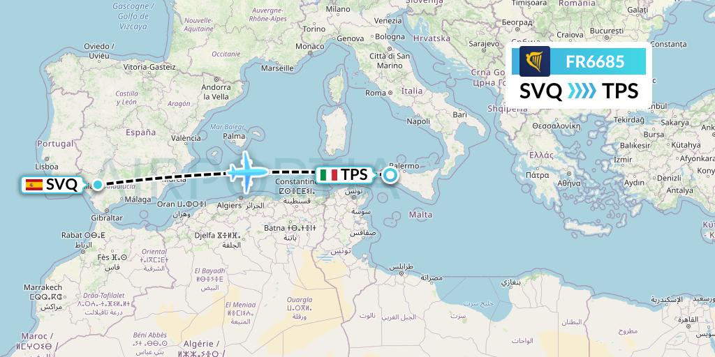 FR6685 Ryanair Flight Map: Seville to Trapani