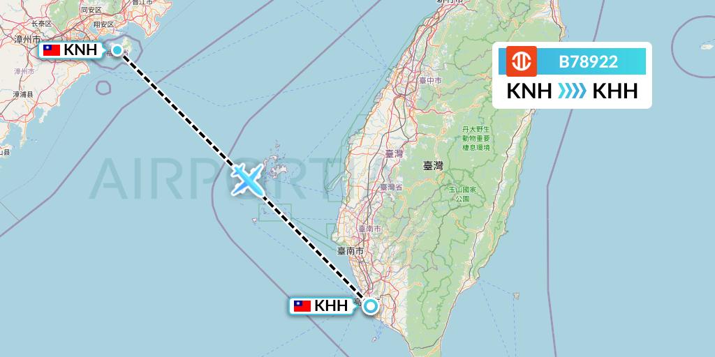B78922 UNI Air Flight Map: Kinmen to Kaohsiung