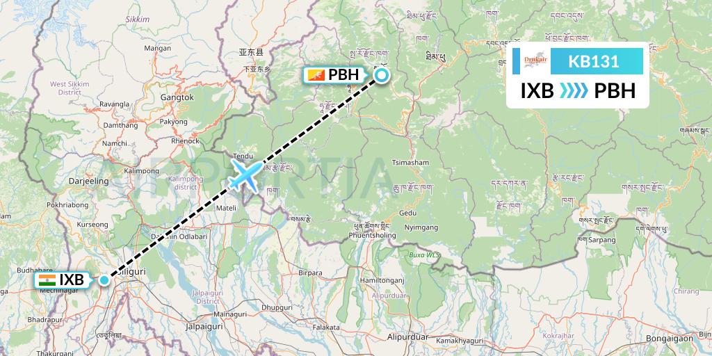 KB131 Druk Air Flight Map: Siliguri to Paro