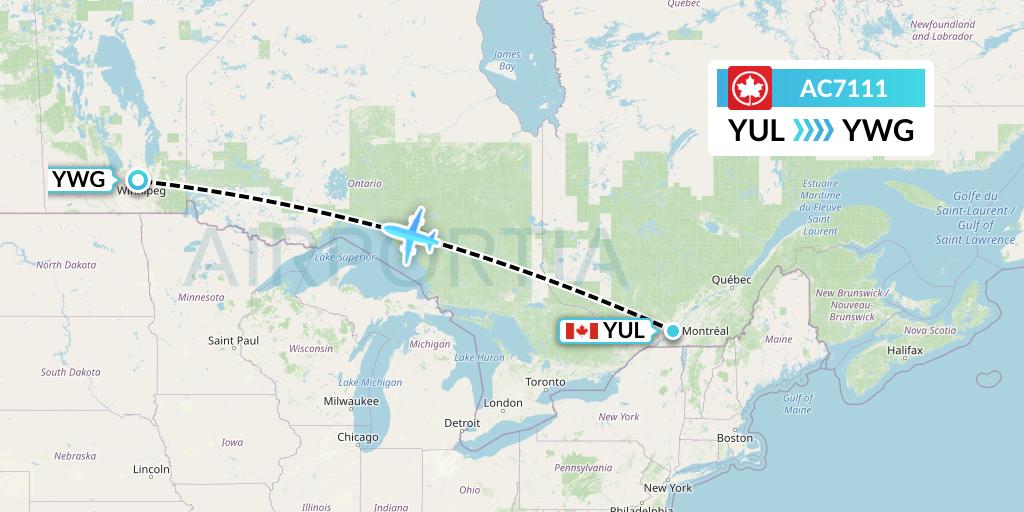 AC7111 Air Canada Flight Map: Montreal to Winnipeg