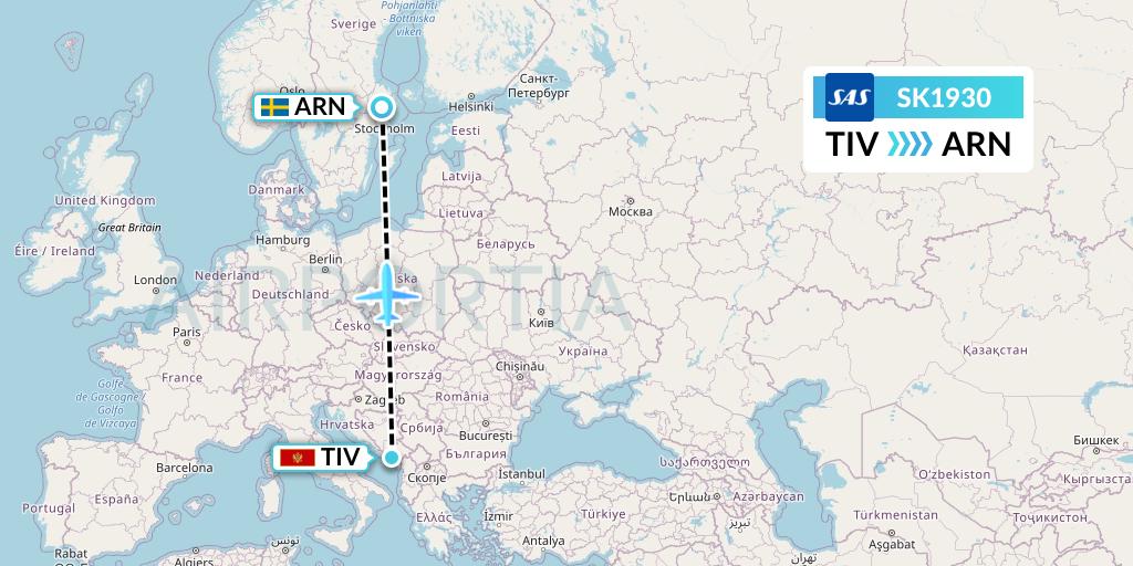 SK1930 SAS Flight Map: Tivat to Stockholm