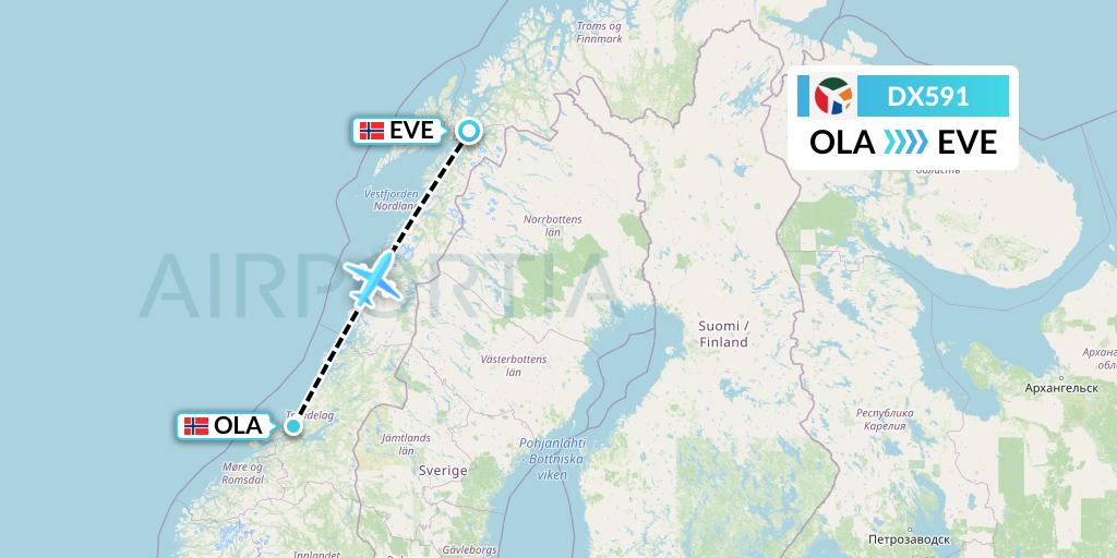 DX591 Danish Air Transport Flight Map: Brekstad to Harstad