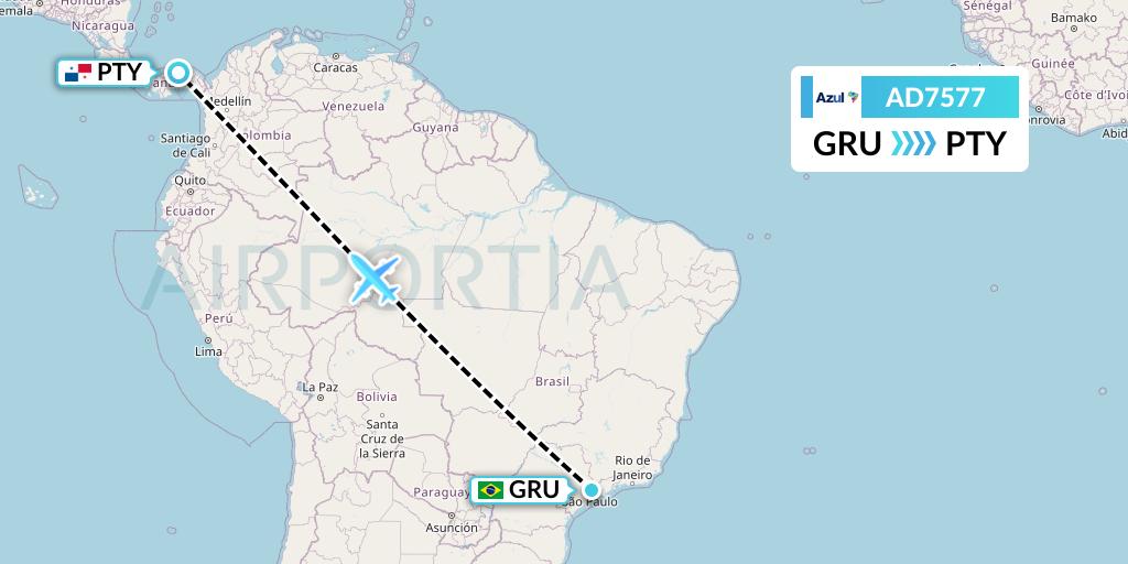 AD7577 Azul Brazilian Airlines Flight Map: Sao Paulo to Panama City
