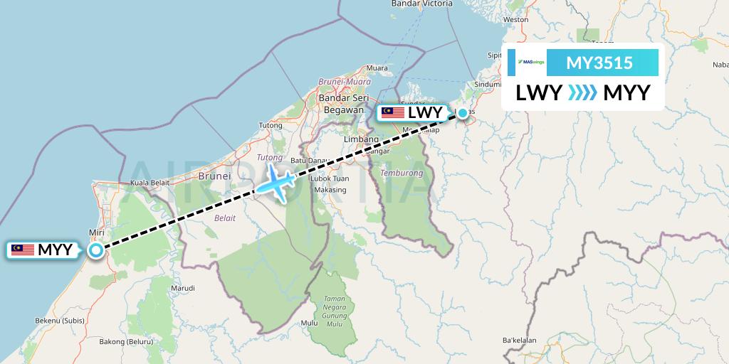 MY3515 MASwings Flight Map: Lawas to Miri