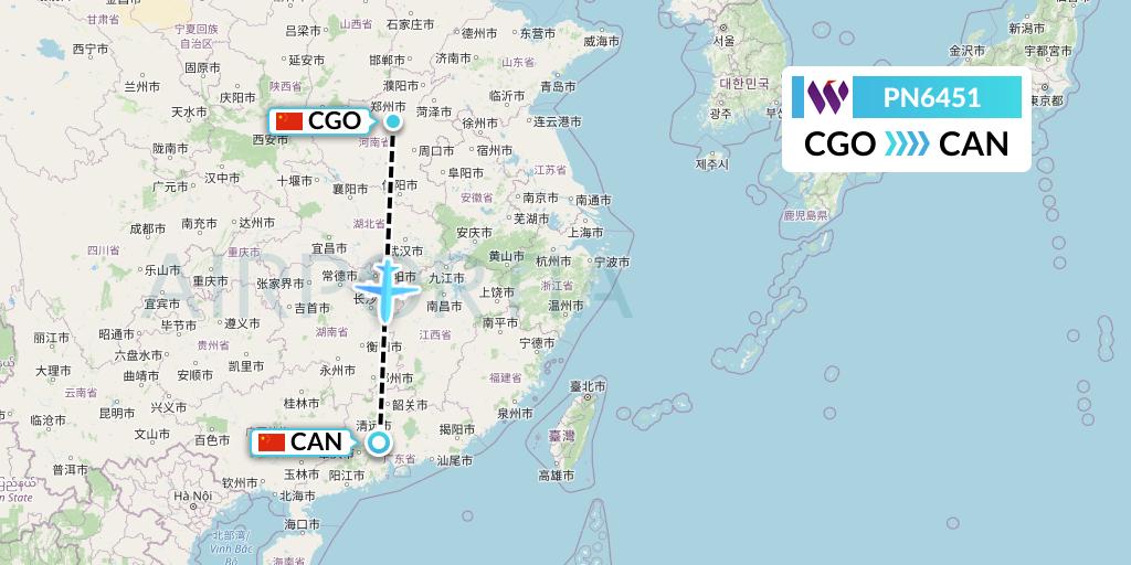 PN6451 China West Air Flight Map: Zhengzhou to Guangzhou