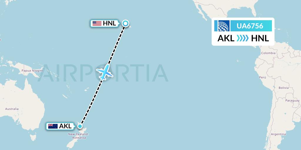 UA6756 United Airlines Flight Map: Auckland to Honolulu