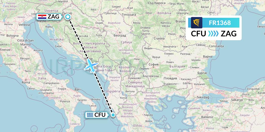 FR1368 Ryanair Flight Map: Corfu to Zagreb