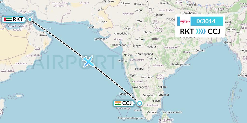 IX3014 Air India Express Flight Map: Ra'sal-Khaymah to Kozhikode