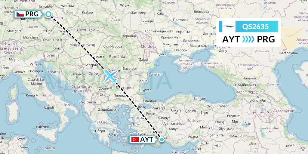 QS2635 Smartwings Flight Map: Antalya to Prague