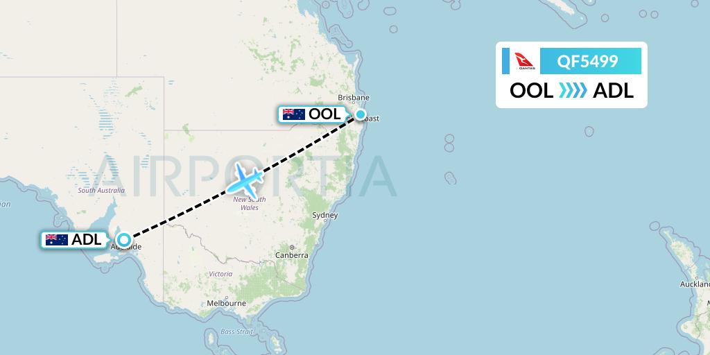 QF5499 Qantas Flight Map: Gold Coast to Adelaide