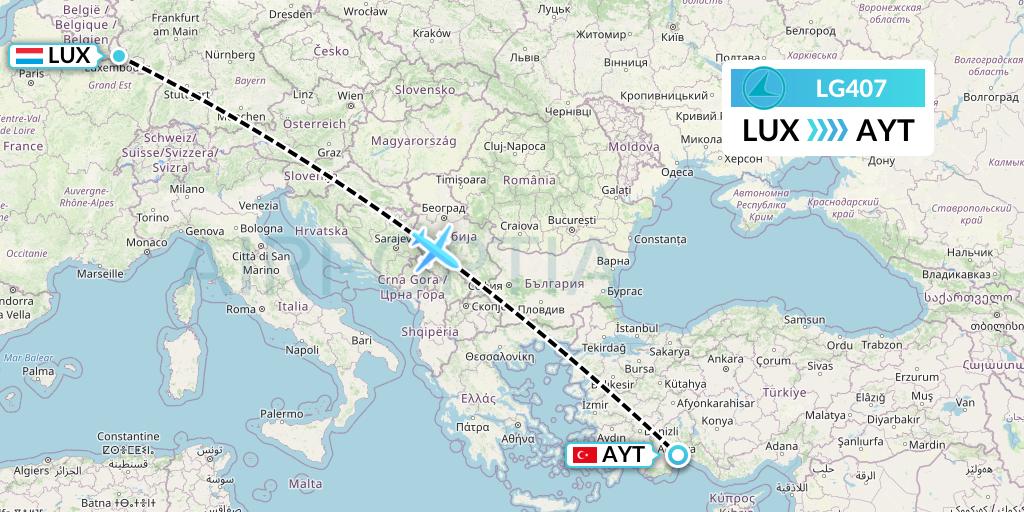 LG407 Luxair Flight Map: Luxembourg to Antalya
