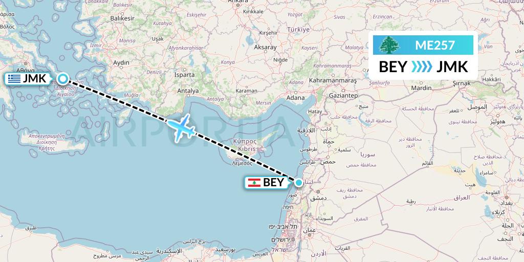 ME257 MEA Flight Map: Beirut to Mykonos