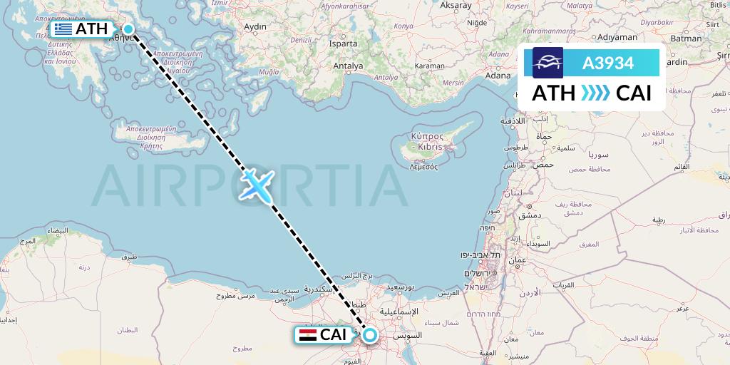 A3934 Aegean Airlines Flight Map: Athens to Cairo