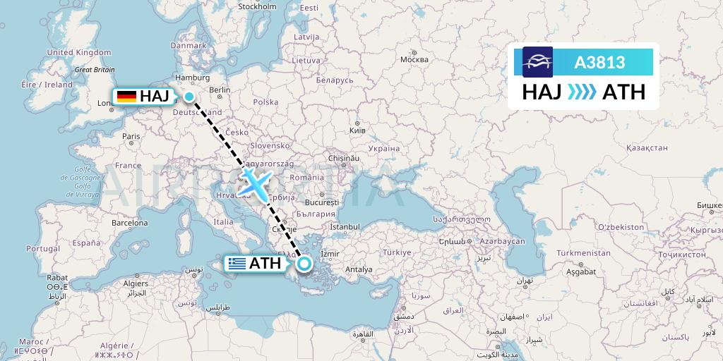A3813 Aegean Airlines Flight Map: Hannover to Athens