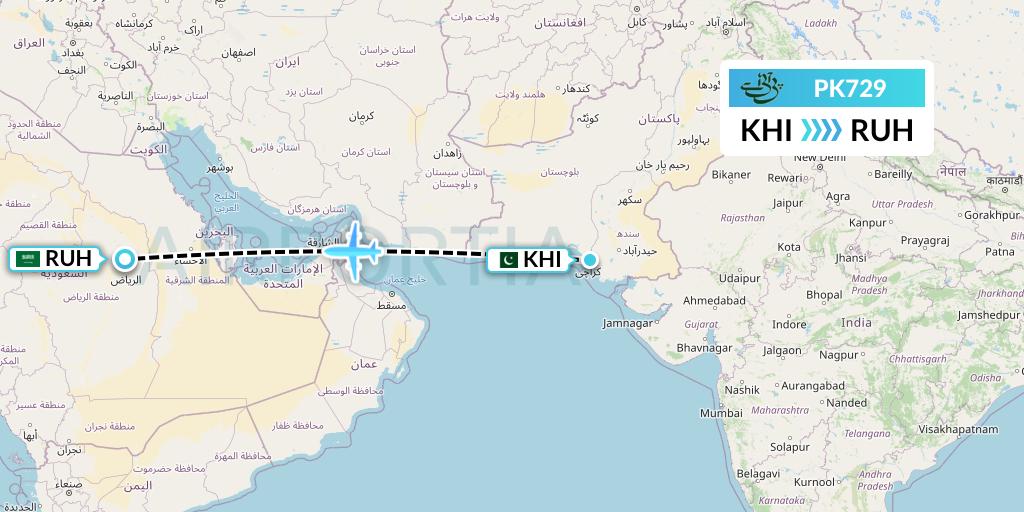 PK729 Pakistan International Airlines Flight Map: Karachi to Riyadh