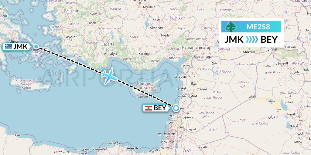 ME258 MEA Flight Map: Mykonos to Beirut