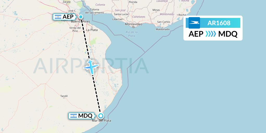 AR1608 Aerolineas Argentinas Flight Map: Buenos Aires to Mar del Plata