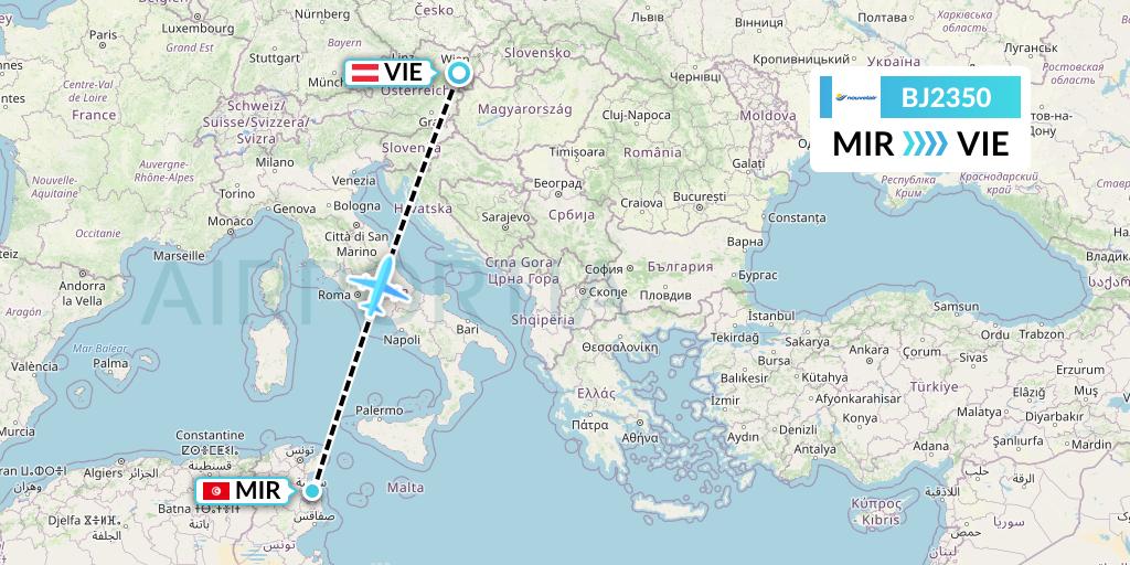 BJ2350 Nouvelair Tunisie Flight Map: Monastir to Vienna
